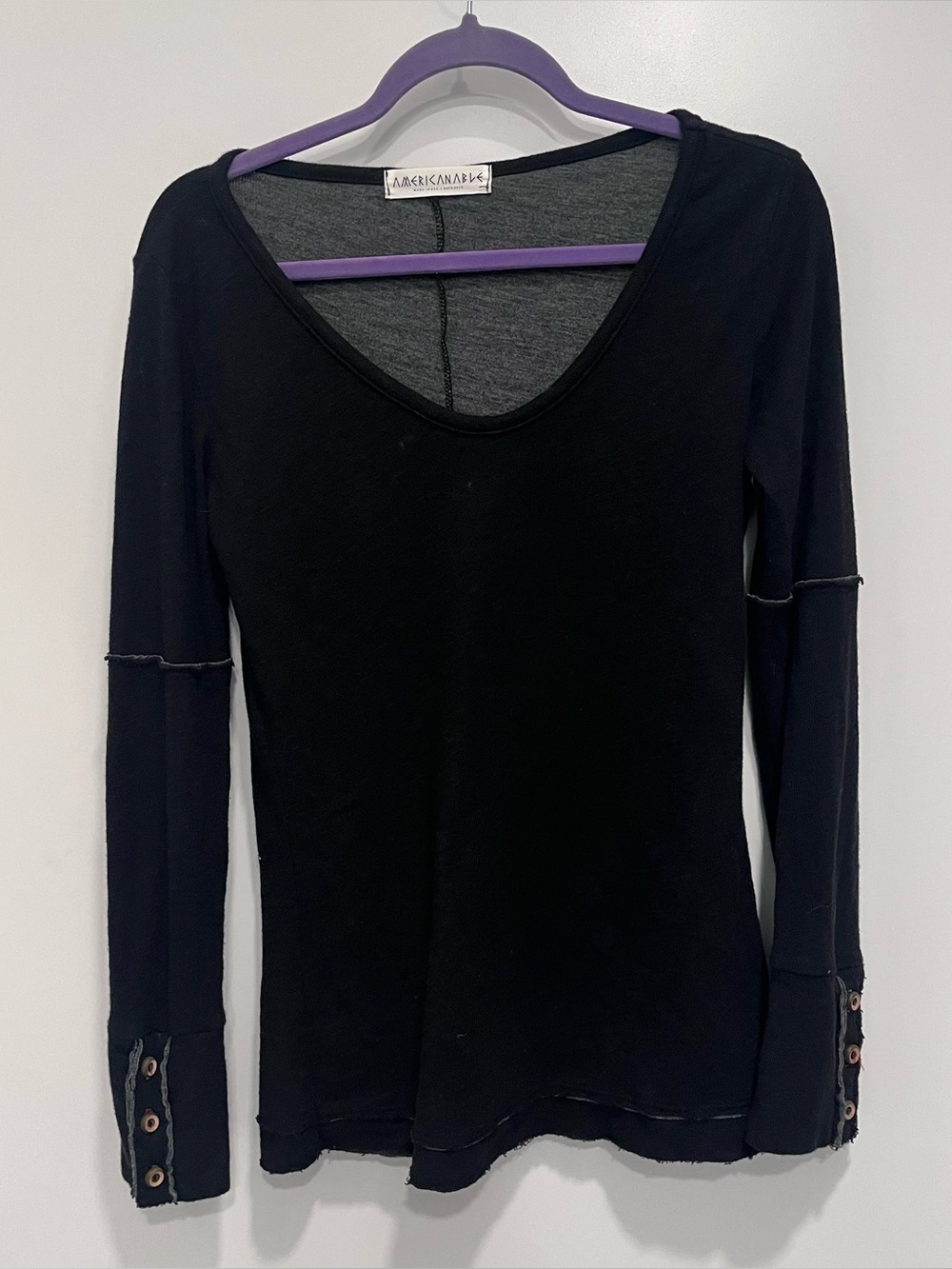 Americanable Y2K Black Long-Sleeve Scoop Neck Top Waffle Knit Thermal Boho Small